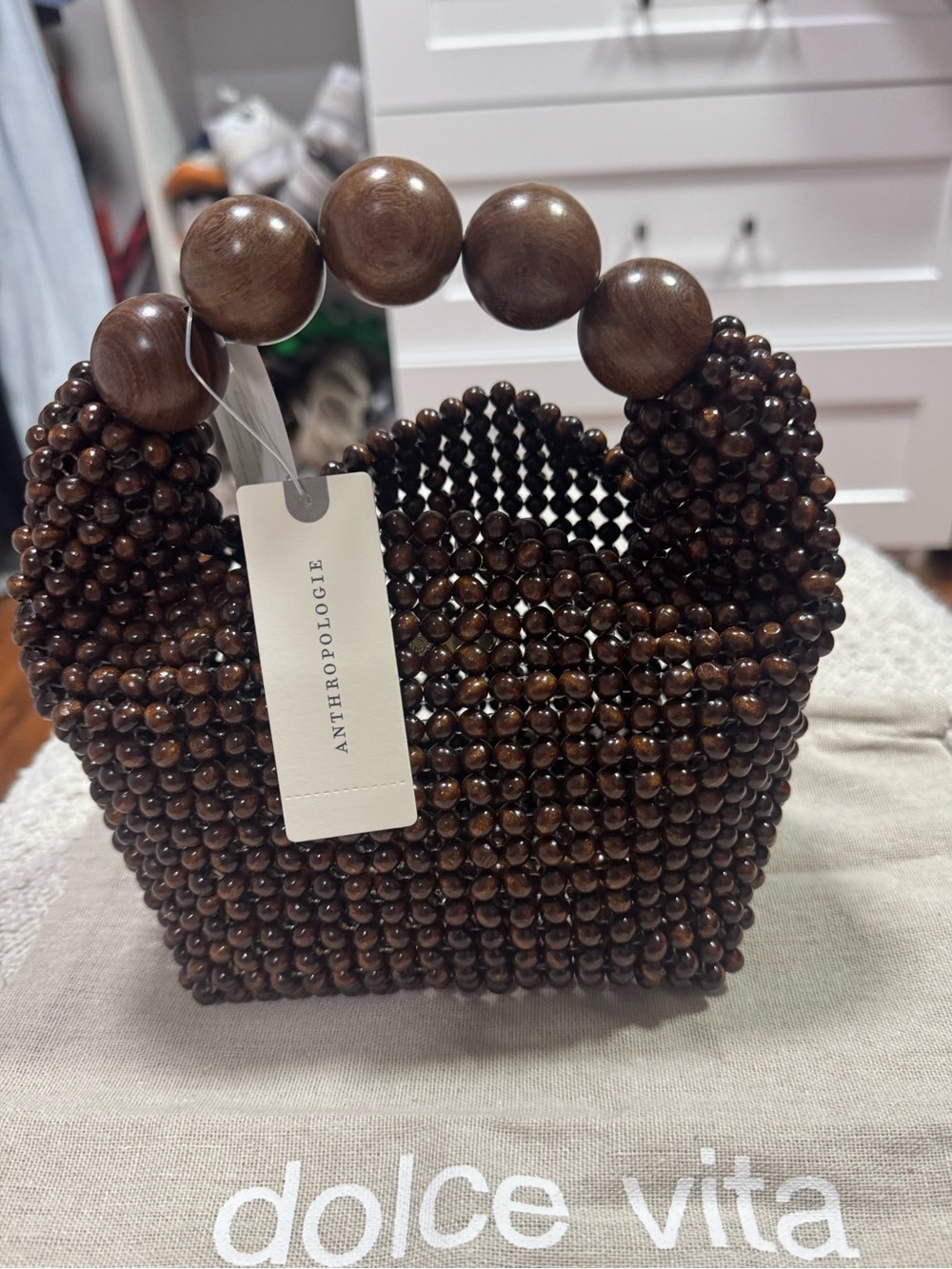 NWT Anthropologie Wooden Beaded Mini Top Handle Bag - Picture 3 of 5